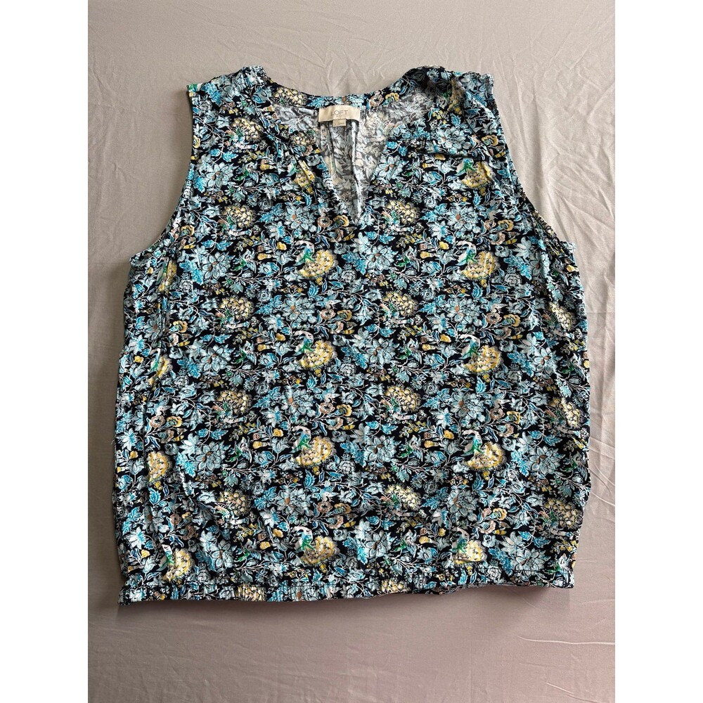 Loft Outlet Blue Floral Print Scrunch Waist Vneck Tank Blouse size large